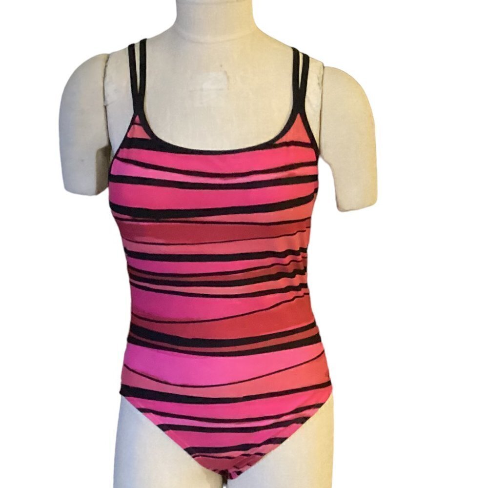 Speedo Striped One-Piece Swimsuit Cross Strap Girls Sz 10 Pink Red Black #170J